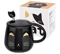 Tazza Gatto Nero Tazza da caffè in ceramica carina con coperchio Kawaii e cucchiaio adorabile Tazza del mattino della novità Tazze di caffè - Tazze di animali 3d per gli amanti dei gatti Donne