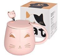 Tazza Gatto Rosa Tazza da caffè in ceramica carina con coperchio Kawaii e cucchiaio adorabile Tazza del mattino della novità Tazze di caffè - Tazze di animali 3d per gli amanti dei gatti Donne