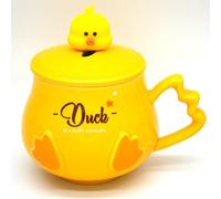 Tazza Gialla a Forma di Papera,Viene fornito con coperchio e cucchiaio,Divertente tazza da caffè con anatra in ceramica,450ml,per Colazione, Farina D'Avena,caffè, Latte, Tè al latte, tè ecc (D)