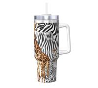 Tazza in acciaio inossidabile con stampa zebra e giraffa da 40 once, tazza isolata sottovuoto a doppia parete con manico e coperchio per cannuccia 2 in 1