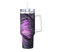 Tazza in acciaio inox con stampa di farfalle viola da 40 once, tazza isolata sottovuoto a doppia parete con manico e coperchio a cannuccia 2 in 1