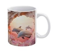 Tazza in ceramica 3D con delfini al tramonto rosa, buco nell'oceano in una grotta, tazza da caffè 3D con tramonto rosa | Tazza in ceramica | Tazza da tè da 11 once - Unica per uomini e donne | Bianca