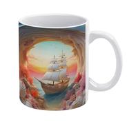 Tazza in ceramica 3D con motivo spiaggia estiva, oceano, alba, nave, buco nel muro, tazza da spiaggia 3D, tazza da caffè divertente, tazza da tè in ceramica, 11 once, per donne e uomini, novità, Nata