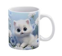 Tazza in ceramica 3D con simpatico gattino bianco, tazza da tè e caffè con fiori bianchi e blu 3D, comoda da tenere in mano, regalo di compleanno per uomini, donne, mogli, mariti, figlie, amici
