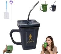 Tazza in ceramica a forma di WC accovacciato, 425 ml, originale tazza da 425 ml con coperchio, originale tazza da bagno con scherzo - Divertente decorazione da scrivania per ufficio e regalo (Black)