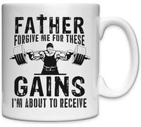 Tazza in ceramica bianca con scritta "Father Forgive Me For These Gains I'm About To Receive"