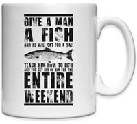 Tazza in ceramica bianca con scritta "Give A Man A Fish And He Will Eat For A Day"