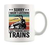 Tazza in ceramica bianca con scritta "Sorry I Wasn't Listening I Was Thinking About Trains", stile retrò, vintage, per amanti del treno, idea regalo per papà, mamma, marito, fratello, sorella, moglie,