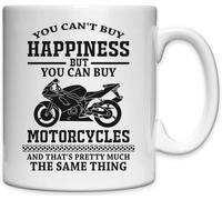 Tazza in ceramica bianca con scritta "You Can't Buy Happiness But You Can Buy Motorcycles And That's The Same Thing"