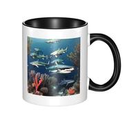 Tazza in ceramica bicolore con manico grande, tazza classica con squali sotto il mare, adatta per l'ufficio e il tempo libero a casa, adatta al microonde