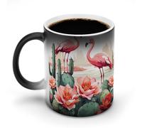 Tazza in ceramica che cambia colore con fenicottero verde, fiori di rosa, tazza in ceramica che rivela un design nascosto quando è calda, tazze da caffè sensibili al calore, regalo divertente per