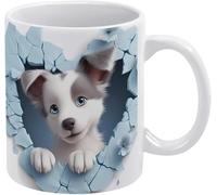 Tazza in ceramica con cuore e fiori blu con foro nel muro, scritta "Cucciolo d'amore 3D", idea regalo per figlia, figlio e bambini, bianca, 11 once