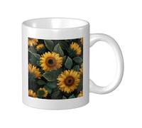 Tazza in ceramica con girasoli e petali gialli e foglie verdi, elegante tazza da caffè per casa e ufficio, 325 ml