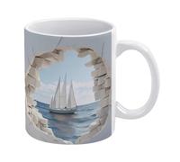 Tazza in ceramica con motivo 3D Yacht Ocean Sailing Ocean Hole in a Wall, tazza da caffè 3D Yacht Ocean, divertente per compleanno per famiglia, amici, colleghi, uomini e donne, 11 once