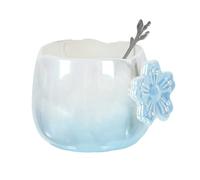 Tazza in ceramica con motivo a fiori di ciliegio da 300 ml/10 oz, adatta al forno a microonde, utilizzabile for la colazione in casa, con cucchiaio in foglia blu + argento.(Blue+silver Leaf Spoon)