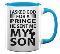 Tazza in ceramica con scritta "I Asked God for A Prince He Sent Me My Son", colore: azzurro