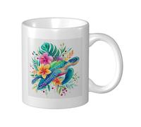 Tazza in ceramica con tartaruga marina che nuota fiori tropicali ibisco, elegante tazza da caffè Tee Drinkware tazza per acqua per casa ufficio 325 ml