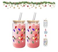 Tazza in vetro che cambia colore a Natale, graziose tazze che cambiano colore, coperchio in bambù a prova di perdite e cannuccia in acciaio, tazza da viaggio riutilizzabile per caffè freddo (2Pcs)