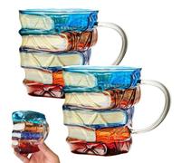 Tazza in vetro colorato con pittura 3D, libri impilati, per birre calde o fredde, design unico, a forma di biblioteca, tazze da caffè, in vetro, per amanti dei libri, lettori e scrittori (2 pezzi)