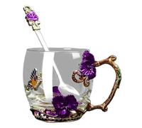 Tazza in vetro con cucchiaio, pratica collezione in vetro, con farfalle e fiori, smaltato