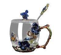 Tazza in vetro con cucchiaio, pratica collezione in vetro, con farfalle e fiori, smaltato