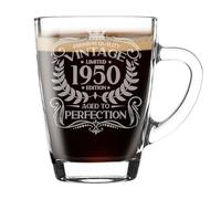 Tazza in vetro con incisione "Aged to Perfection", regalo per 75° compleanno da uomo, stile vintage 1950, regalo per gli amanti del caffè, tazza da tè regalo per 75 anni, tazza da caffè da 300 ml,