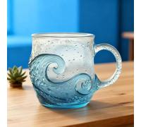 Tazza in vetro con onde marine, realizzata a mano, 350 ml, design unico con onde oceaniche, per caffè e tè, regalo di lusso realizzato a mano per gli amanti dell'oceano e delle spiagge