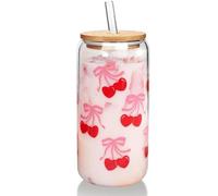 Tazza in vetro di ciliegio con coperchio e cannucce, 17,6 oz ciliegia decorazione caffè freddo tazze con coperchio, Coquette Carino bicchieri di vetro Tumbler festa della mamma, regalo di compleanno