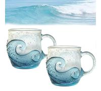 Tazza in vetro soffiato a mano con onde oceaniche, design unico con onde marine, regalo per oceano, spiagge, amanti del surf, compleanno, vacanze, Natale (2 pezzi)