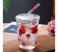 Tazza in Vetro Trasparente Resistente Al Calore con Motivo a Fragola, Succo di caffè, Acqua Potabile, con Coperchio in Cannuccia
