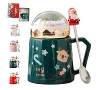 Tazza natalizia con coperchio e cucchiaio, set di tazze da caffè in confezione regalo, novità in ceramica per tifo stagionale, verde.