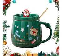 Tazza natalizia in ceramica con coperchio e cucchiaio, motivo fiocchi di neve, renne e Babbo Natale, 400 ml, con mini figura (C)