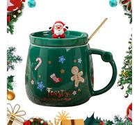 Tazza natalizia in ceramica con coperchio e cucchiaio, motivo fiocchi di neve, renne e Babbo Natale, 400 ml, con mini figura (D)
