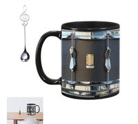 Tazza per batteria vintage nera, regali divertenti carini per suonare la batteria, tazza caffè forma tamburo creatività 2025, nuova tazza caffè batterista uomo con cucchiaio note musicali (Black)