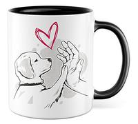 Tazza per cani e umani, idea regalo per cuccioli, idea regalo per il padrone, per la mamma del cane, a quattro zampe, con motivo cane, tazza da tè con mano e zampa (bianco/nero)
