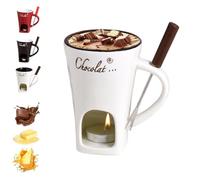 Tazza per fonduta di cioccolato con forchette, tazza da fusione in ceramica 3 in 1, set scaldino in ceramica per formaggio, cioccolato e burro (beige)