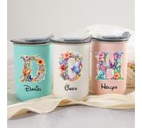 Tazza per l'acqua personalizzata da 10 once, tazza da caffè portatile in acciaio inossidabile a doppio strato con stampa di 26 lettere floreali, regalo per la festa della mamma, la festa del papà