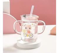Tazza per latte in vetro per bambini, 250 ml, caraffa graduata, con cannuccia in silicone e coperchio, resistente al calore, a prova di perdite, tazza da viaggio, con doppia maniglia