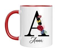 Tazza personalizzata - "Tazza con nome con motivo floreale"-con la tua prima lettera e nome-Tazza da caffè per compleanno 11 Oz stampata su entrambi i lati-Regalo personalizzato per le donne-Rosso