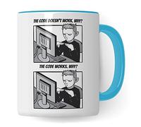 Tazza regalo informatica, The Code doesn´t work - Why? Idea regalo per programmatore, tazza da caffè informatica, programmazione, tazza da tè con scritta divertente (bianco/blu)