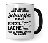 Tazza regalo sorella, con scritta in lingua tedesca "Ich lächle weil du meine Schwester bist Idea regalo per la sorella, tazza da caffè con scritta divertente da tè, fratelli (bianco/nero)