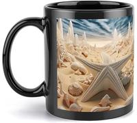 Tazza spiaggia con conchiglie 3D 11 oz nera - Design estivo con stella marina, tazza floreale in ceramica per uomo e donna