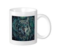 Tazza stampata lupo stile tribù cool design piume foglie testa di lupo artistico blu verde ceramica isolata non rovesciabile cucina scuola ufficio dispensa con manici tazze da tè 325 ml