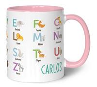 Tazza stampata per bambini - Animali ABC - Personalizzata con nome - Lettere imparare con animali - Tazza per l'inizio della scuola - Regalo per ragazzi e ragazze - 330 ml - Colore: rosa