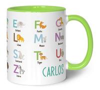 Tazza stampata per bambini - Animali ABC - Personalizzata con nome - Lettere Imparare con gli animali - Tazza per l'inizio della scuola - Regalo per ragazzi e ragazze - 330 ml - Colore: Verde
