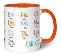 Tazza stampata per bambini - Animali ABC - Personalizzato con nome - Lettere Imparare con gli animali - Tazza per l'inizio della scuola - Regalo per ragazzi e ragazze - 330 ml - Colore: Arancione
