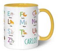 Tazza stampata per bambini - Animali ABC - Personalizzato con nome - Lettere Imparare con gli animali - Tazza per l'inizio della scuola - Regalo per ragazzi e ragazze - 330 ml - Colore: Giallo