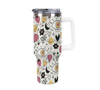 Tazza termica - 40 oz. in acciaio inossidabile isolato con manico, coperchio e cannuccia, tazza da viaggio calda e fredda per caffè, acqua, tè e frullati con motivo a cuore di fragola e manico bianco