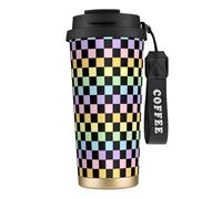 Tazza termica a scacchi neri e pastello arcobaleno da 17 once, in acciaio inossidabile, con coperchio anti-goccia per bevande calde e fredde.