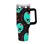 Tazza termica alla moda, in acciaio inossidabile con cannuccia, da viaggio, per caffè, con teschio di zombie rosso sangue di Halloween, per donne e uomini.